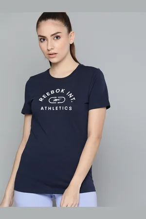 Reebok Women Navy Blue & White W Prime Graphic Print Slim Fit Training Pure Cotton T-shirt