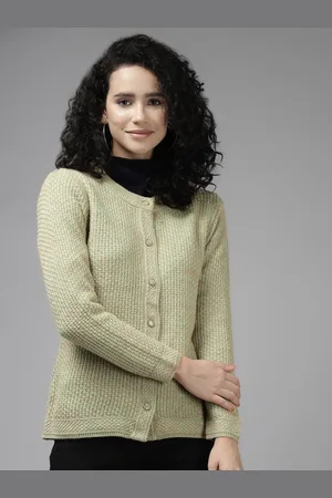 Cayman Women Olive Green Wool Cable Knit Ribbed Cardigan