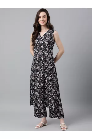 Janasya Women Black Cotton Floral Print Tunic With Palazzo