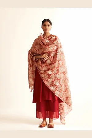 Ancestry Maroon & Brown Ethnic Motifs Printed Organza Dupatta