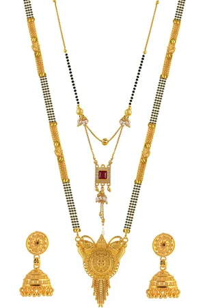 Brandsoon Set of 2 Gold-Plated Black Beaded Mangalsutra with Earrings