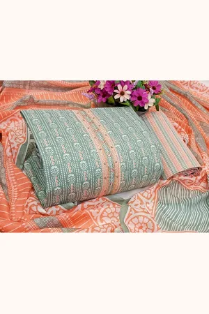 SALWAR STUDIO Grey & Peach-Coloured Printed Pure Cotton Unstitched Dress Material