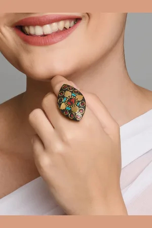 Fida Women Gold-Plated Black Floral Meenakari Finger Ring