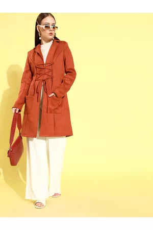 ATHENA Women Rust Solid Suede Trench Coat