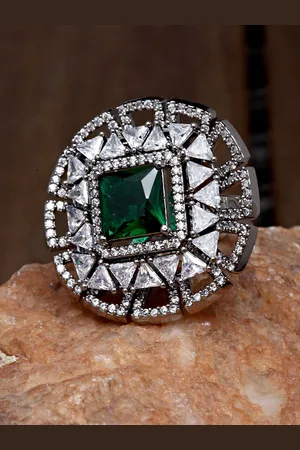 karatcart Silver-Plated Green & White AD-Studded Adjustable Finger Ring
