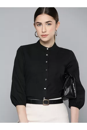 Chemistry Women Black Pure Cotton Solid Puff Sleeves Formal Shirt