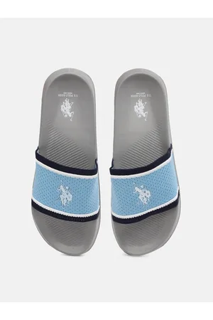 men blue grey printed sliders