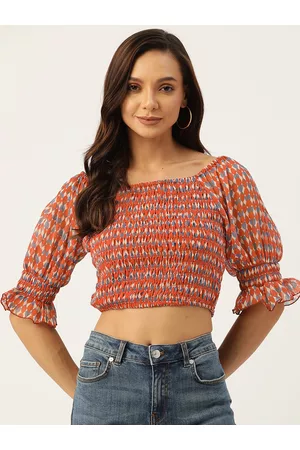 Antheaa Rust Orange & Blue Geometric Print Smocked Chiffon Crop Top