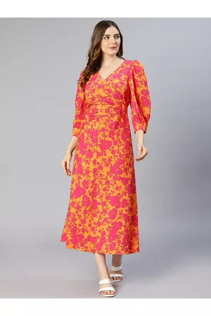 Orange Floral Satin Midi Dress