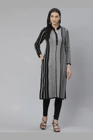 Cayman Women Black & Grey Striped Straight Kurta