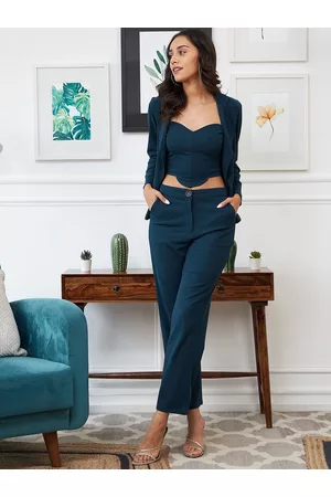 ATHENA Women Teal-Blue Solid Three Piece Blazer Co-Ord set