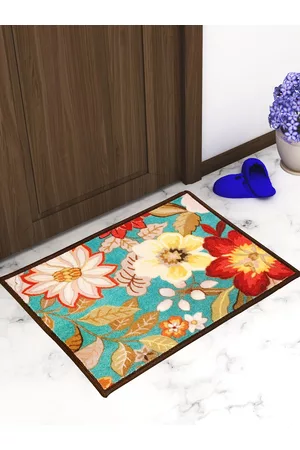 Athom Trendz Set Of 3 Turquoise Blue & Red Floral Printed Anti-Skid Door Mats