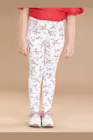 StyleStone Girls White Printed Cotton Jeggings