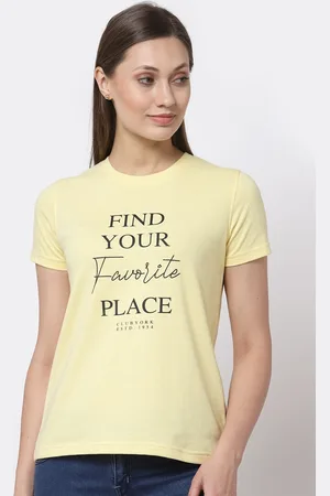 Club York Women Yellow Solid Typography Printed T-shirt