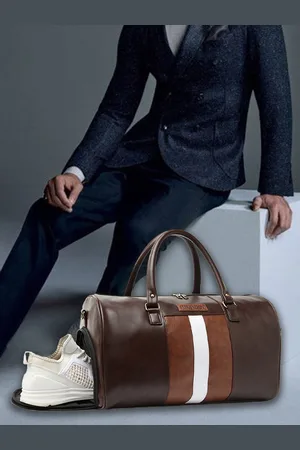 FUR JADEN Brown & White Solid Vegan Leather Duffel Bag