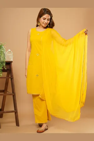 CRAFTED FOR YOU Women Mustard Yellow Pure Cotton Kurta with Trousers & With Dupatta