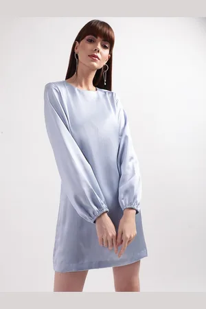 CENTRESTAGE Women Blue & Silver Striped Round Neck A-Line Dress
