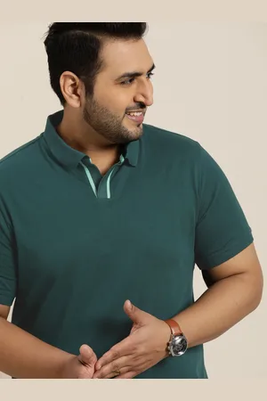 Sztori Men Plus Size Teal Green Pure Cotton Solid Spread Collar Pure Cotton T-shirt