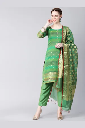Chhabra 555 Green & Gold-Toned Art Silk Banarasi Handloom Unstitched Dress Material