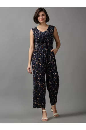 SHOWOFF Women Navy Blue Printed Sleeveless Basic Jumpsuit