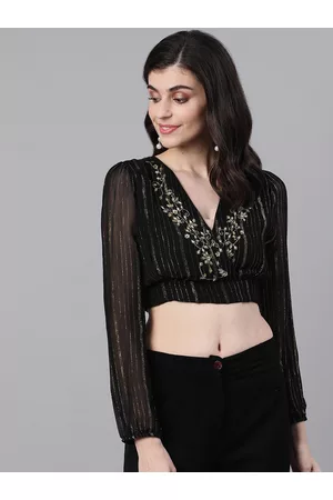 Ishin Women Black Self Design Crop Top