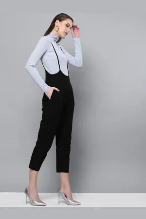 STREET 9 Women Black Solid Cropped Dungarees