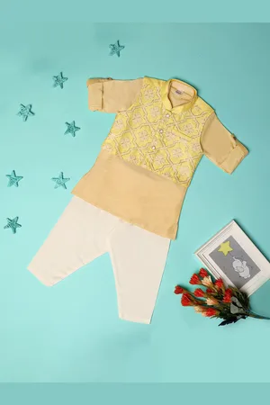 KICKS & CRAWL Boys Yellow Regular Dupion Silk Kurta with Pyjamas & With Nehru Jacket