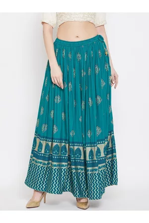 Clora Creation Women Teal Blue & Gold-Coloured Printed Flared Maxi Skirt