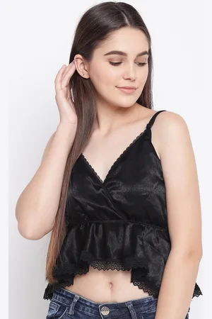 Erotissch Women Black Solid Satin Finish Cropped Empire Top