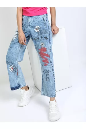 Tokyo Talkies Women Blue Wide Leg Heavy Fade Printed Cotton Jeans