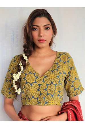 Chidiyaa Women Yellow & Blue Printed Cotton Saree Blouse