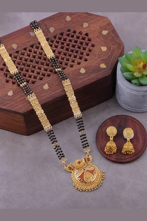 Brandsoon Gold-Plated & Black Beaded Mangalsutra With Earrings