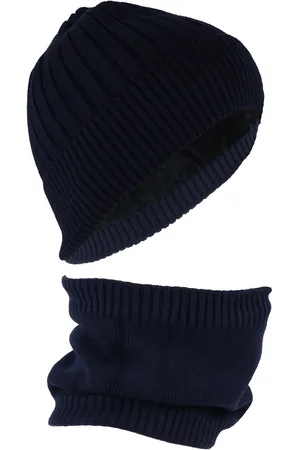 iSWEVEN Unisex Navy Blue Solid Wool Beanie Cap With Neck Warmer