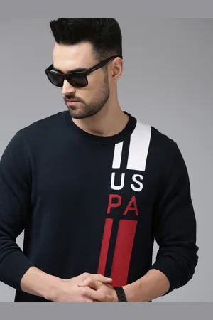 U.S. Polo Assn. Men Navy Blue Striped Brand Logo Print Pure Cotton Pullover