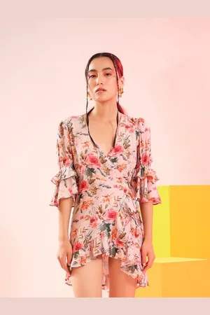 JISORA Women Pink Floral Layered A-Line Mini Dress