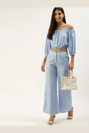 AND Blue & White Off-Shoulder Striped Co-Ords Set