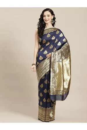 Ishin Navy Blue & Golden Ethnic Woven Design Zari Art Silk Banarasi Saree with Blouse