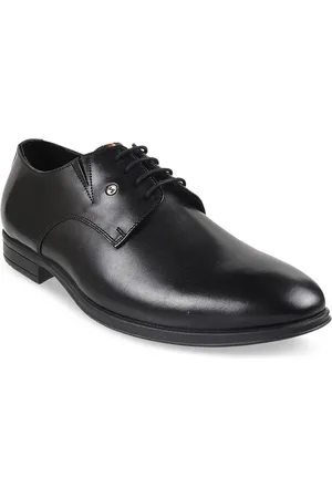 Metro Men Black Solid Leather Formal Derbys
