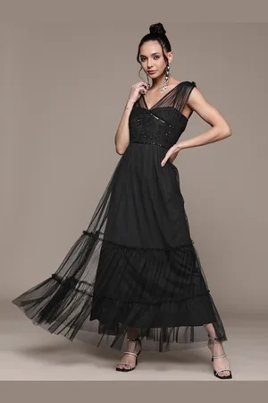 Antheaa Black Ruched Embellished Net Maxi Dress
