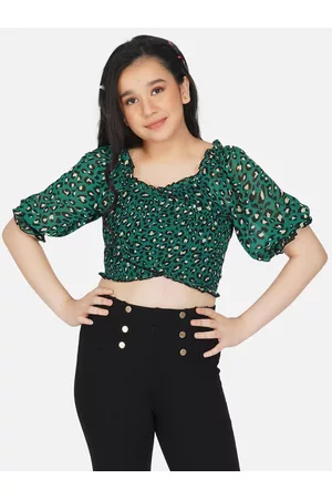 Antheaa Green Floral Print Smocked Chiffon Crop Top
