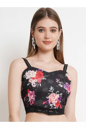 Popwings Women Black foral Print Crop Top