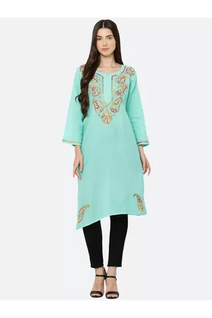 FAWOMENT Women Sea Green Ethnic Motifs Embroidered Thread Work Handloom Kurta