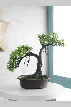 FOLIYAJ Green & Brown Artificial Shoe Horn-Shaped Bonsai Tree With White Flowers In Pot