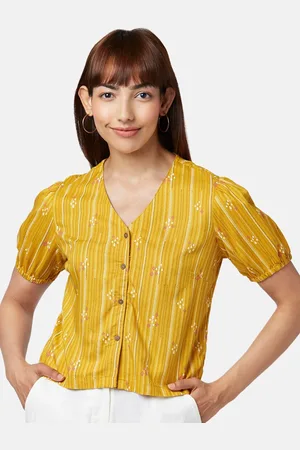 Pantaloons Mustard Yellow Striped Shirt Style Crop Top