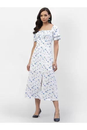 Aayu Women Blue & Blue Floral Printed Crepe A-Line Midi Dress