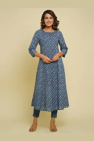 CRAFTED FOR YOU Women Blue & Grey Floral Printed Pure Cotton Kurta