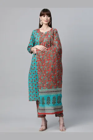 Divena World Women Teal Floral Printed Gotta Patti Pure Cotton Kurta with Trousers & With Dupatta