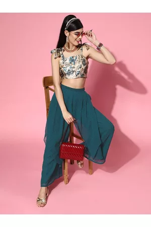 Inddus Women Tranquil Teal Printed Top with Self-Design Palazzos
