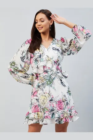 Rare Fashion Off White & Pink Floral Ruffled Georgette Dress