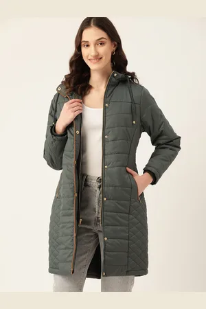 DressBerry Women Olive Green Quilted Longline Hooded Parka Jacket